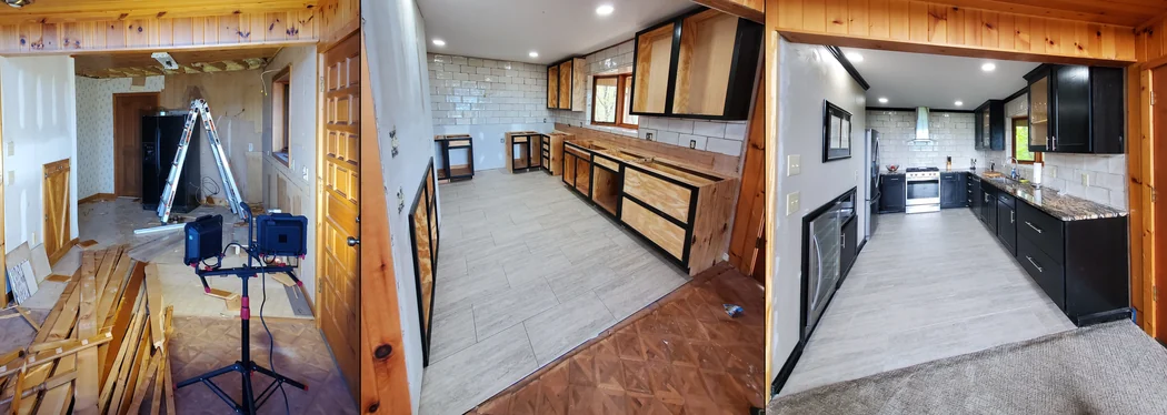 Three-panel kitchen remodel: demolition, cabinet installation, then finished dark cabinets and granite